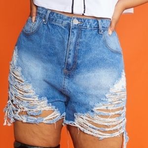 Mid Wash Extreme Ripped Mom Denim Shorts